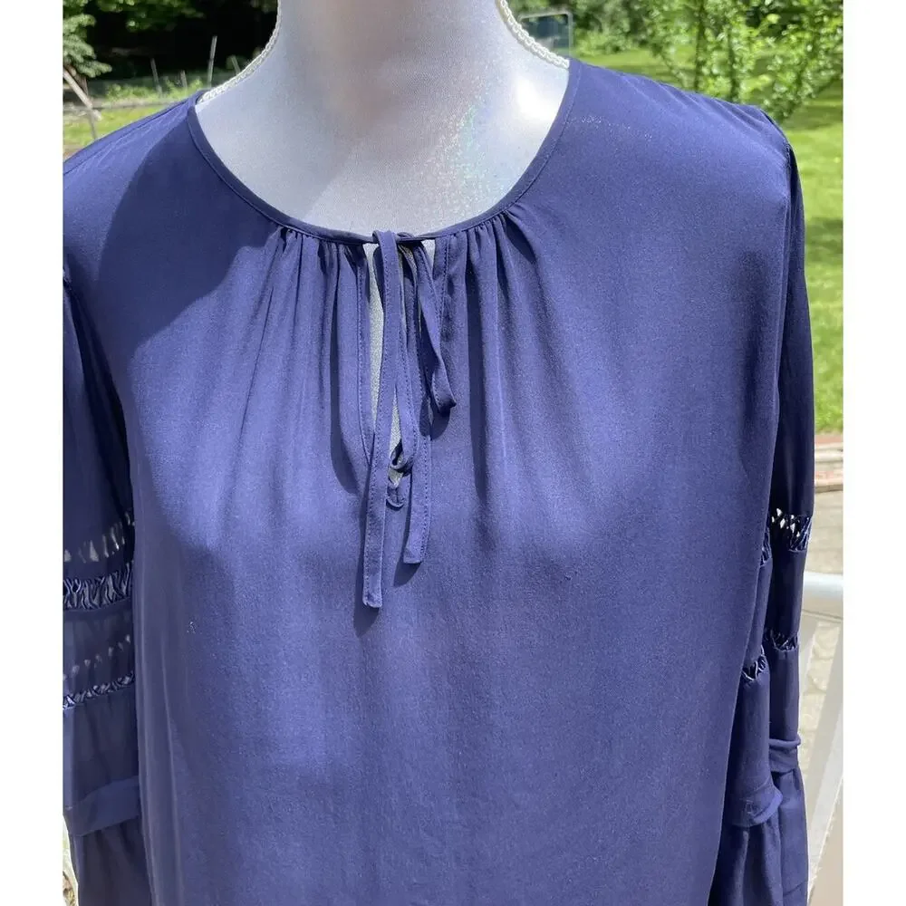 Parker Women 100% Silk Blouse Round Neck Tiered Sleeves Career Wear Navy Blue S - Picture 2 of 11